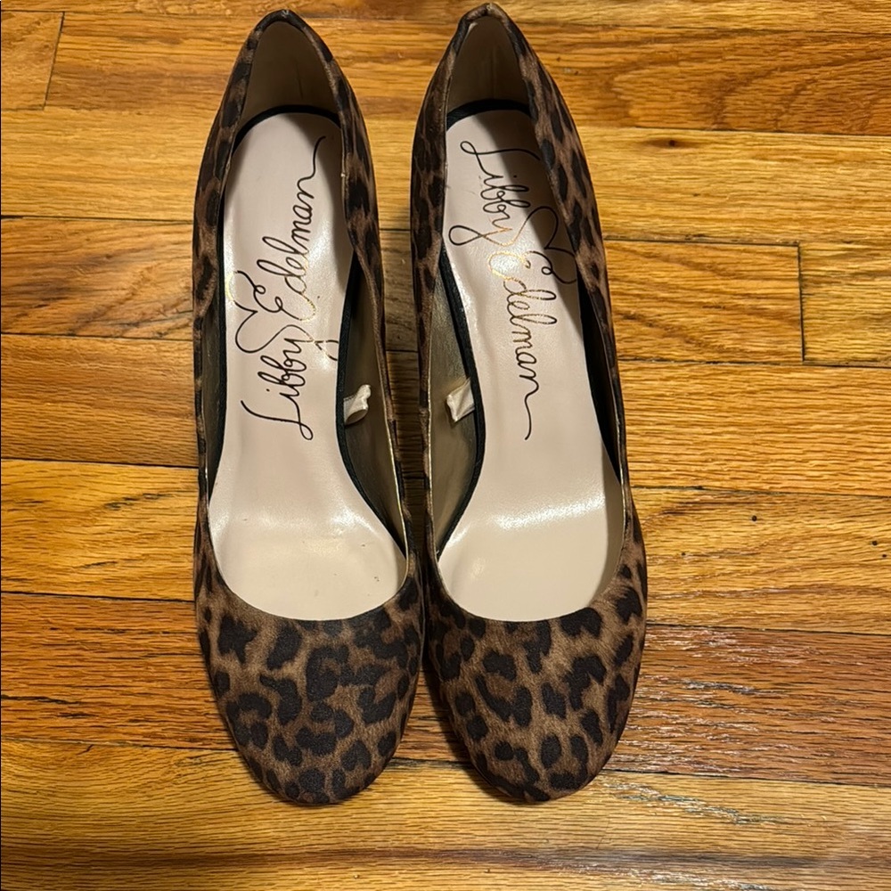Libby Edelman Leopard Print Block Heel Pumps Round Toe Faux Suede Size 9 Brown